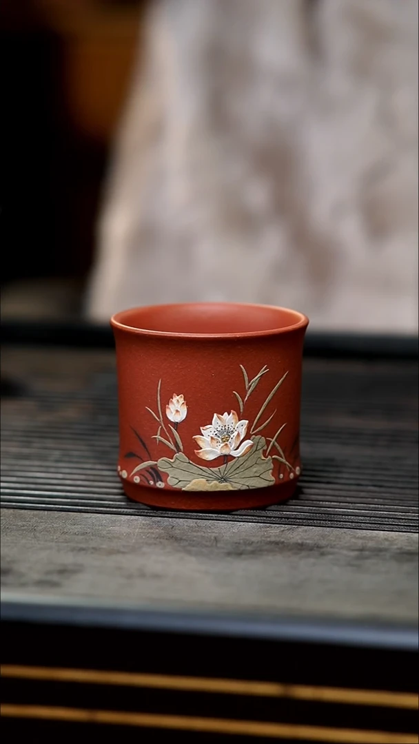 【闪购商品】紫砂茶壶精品泥绘竹节杯孤品