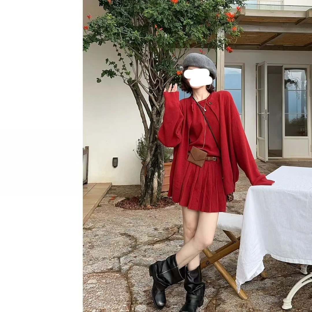 【现货+运险】秋冬针织套装背心百褶连衣裙开衫显瘦两件套女S11111