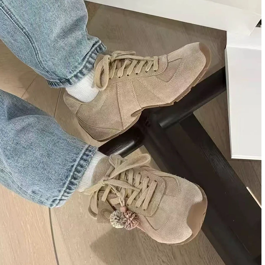 诗歌兰真皮德训鞋女2025秋季新款女鞋通勤百搭平底圆头系带阿甘鞋