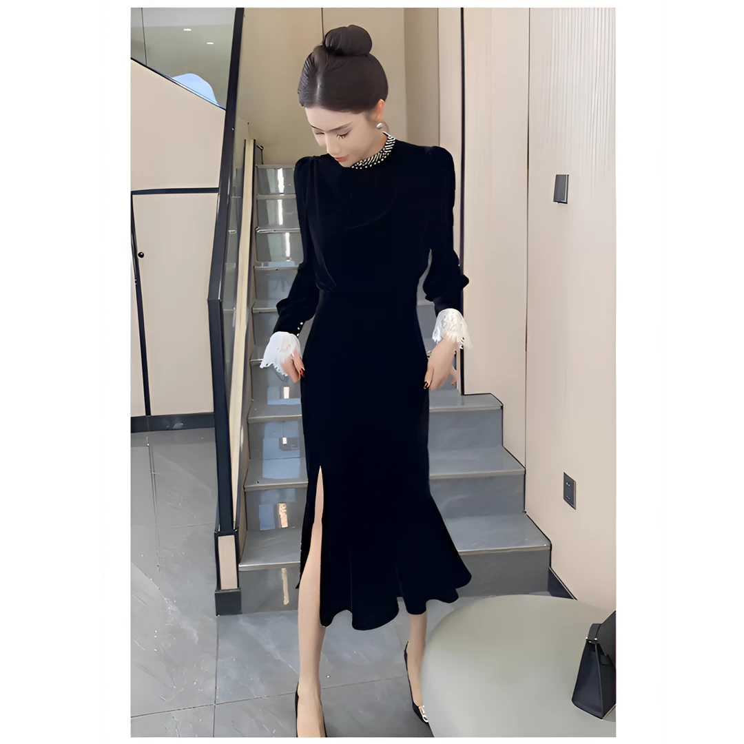 法式气质黑色丝绒连衣裙轻奢高端年会生日party小礼服裙子秋冬款