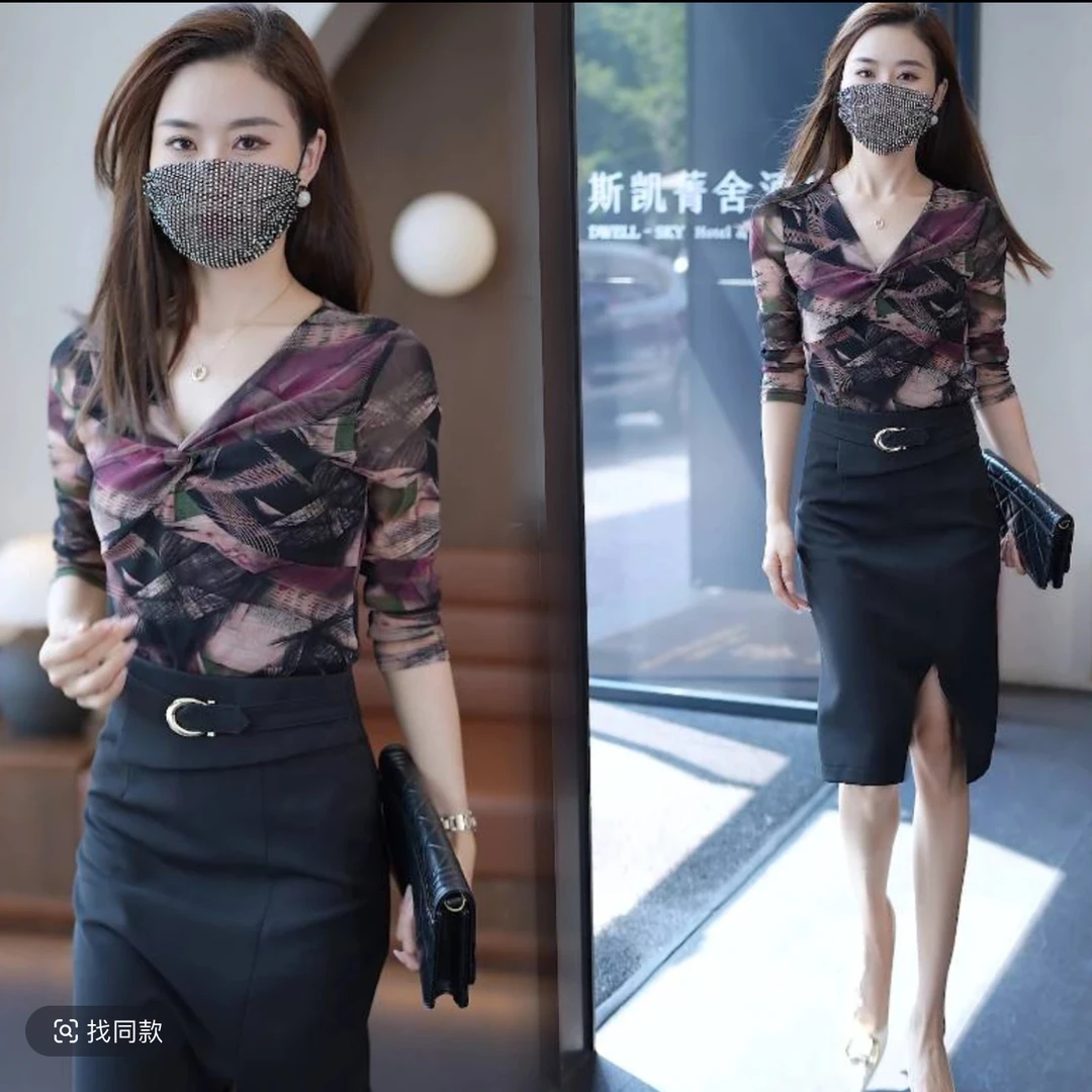 【仟依】2366#春秋网纱V领百搭气质上衣T恤时已直播间实物为准