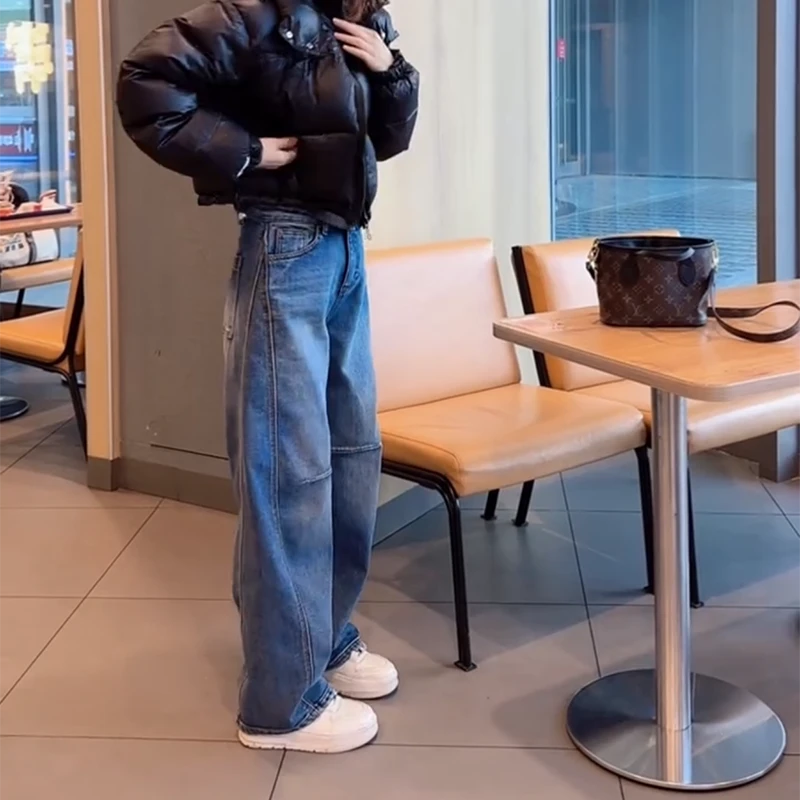 加绒加厚弯刀直筒牛仔裤女2025秋冬新款大码宽松显瘦阔腿拖地裤子