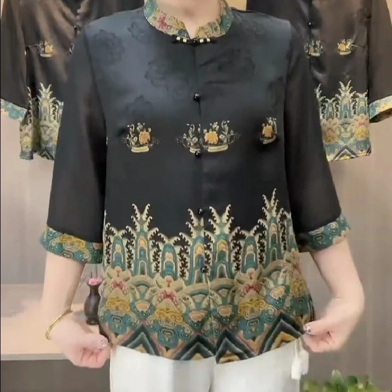 时尚夏季妈妈薄款立领盘扣国风中老年开衫上衣