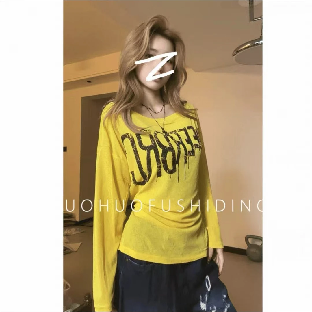 休闲慵懒风字母印花长袖罩衫上衣女夏季中长款宽松微透防晒衫