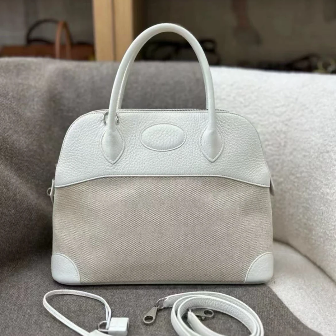 99新 Hermes/爱马仕 保龄球31帆布拼皮白色O手提包