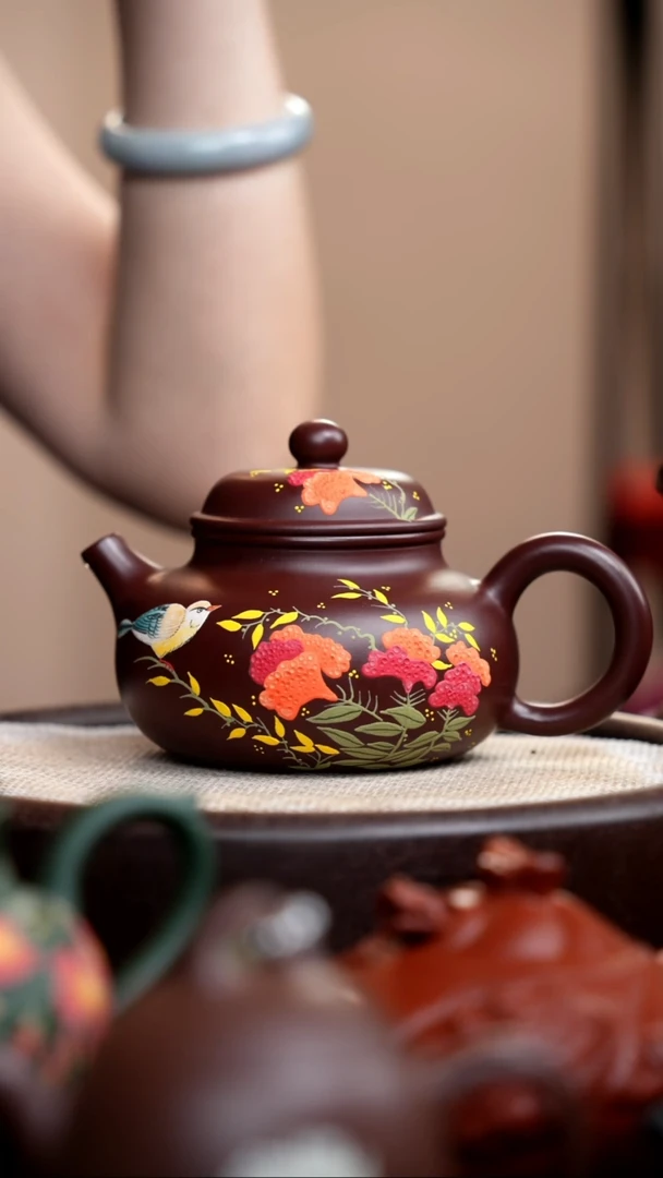 茶壶紫砂紫脂泥容天泥绘鸡冠花005