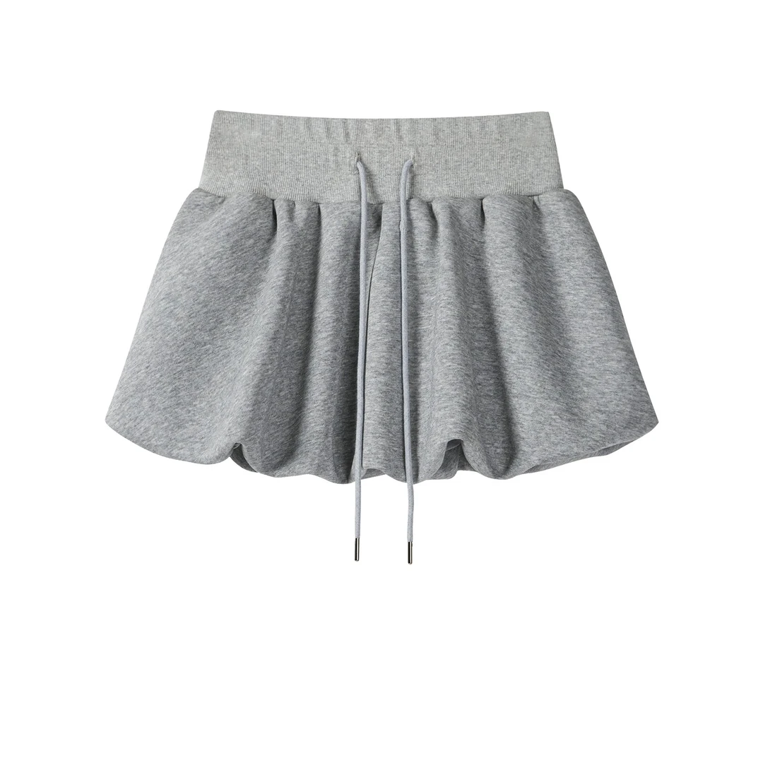 羊城故事-韩系灰色抽绳花苞半身裙新款高腰蓬蓬a字短裙Y50752186