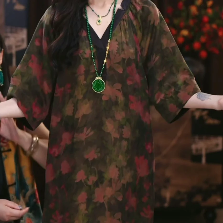 【洛柔】香云纱新中式印花复古休闲显瘦宽松国风高级长款连衣裙