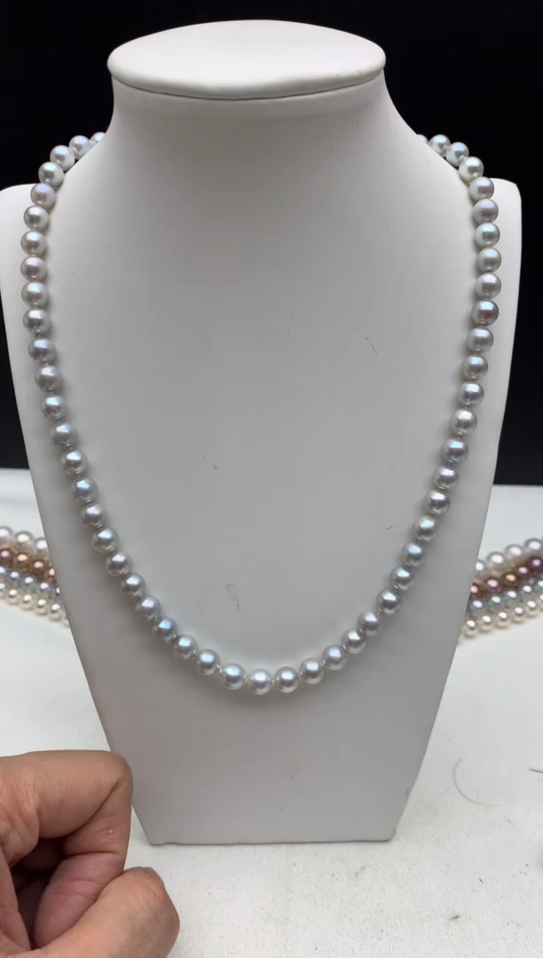 银S925镶嵌ff海水珍珠akoya灰珠串链6~7mm