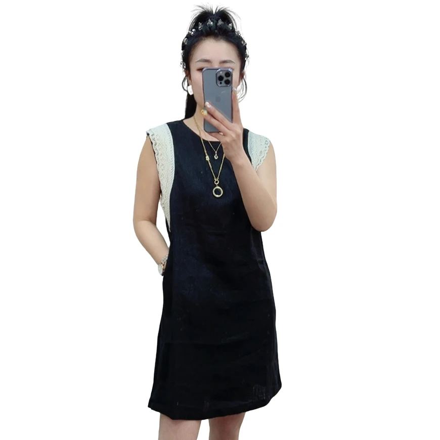 莉丽佳88818款女装砍袖圆领后拉链袖子拼接冰麻连衣裙时尚洋气版0