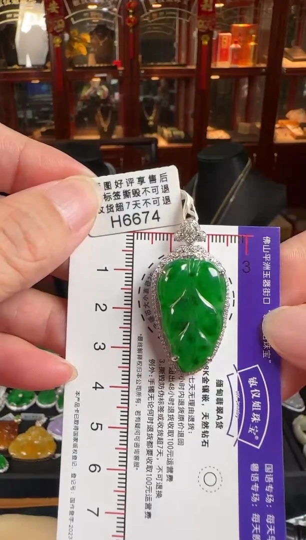 颈饰18K金镶嵌翡翠H6674冰绿叶子