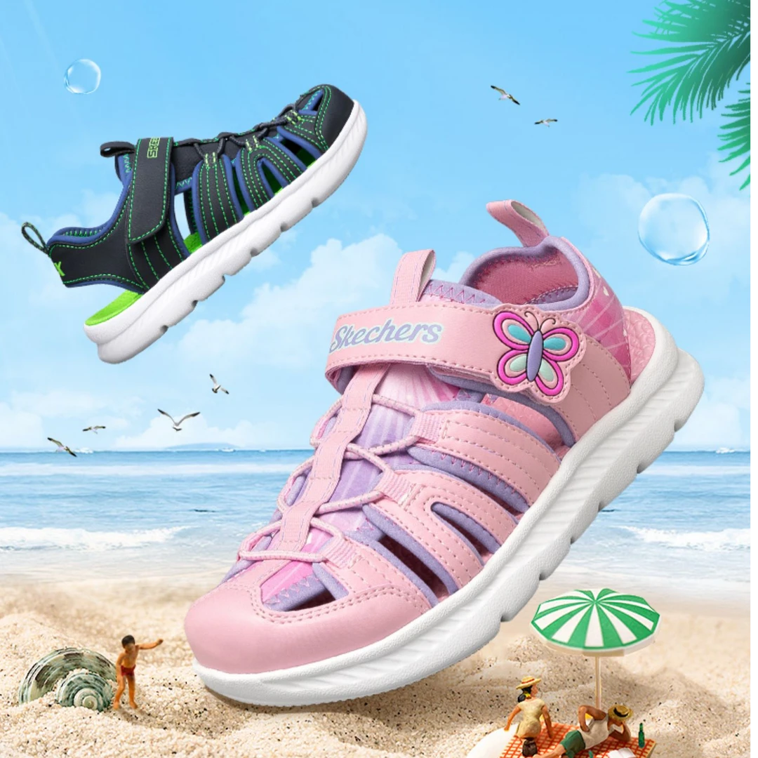 斯凯奇儿童凉鞋男女童包头沙滩鞋软底防滑童鞋302721L&400041L DB