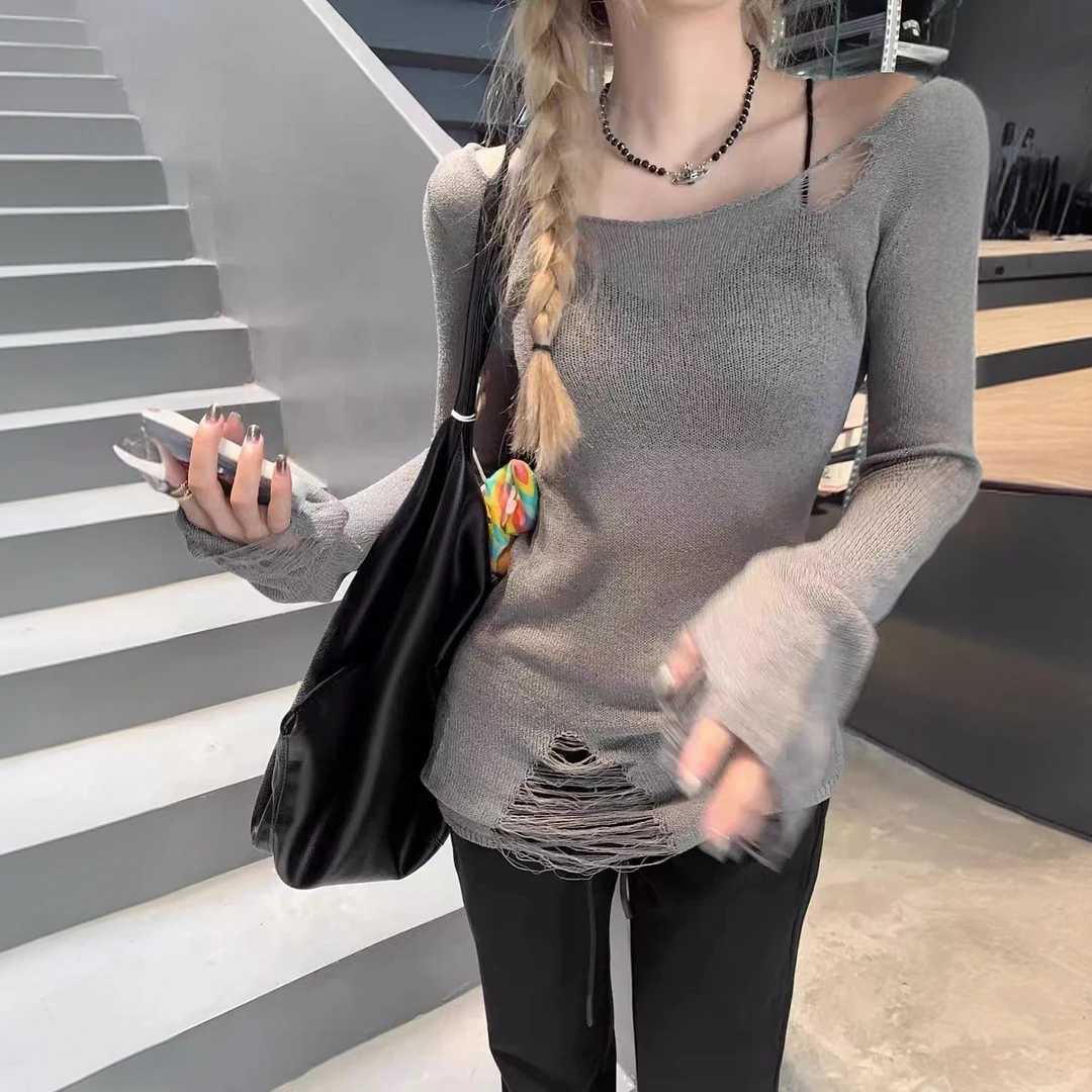 一字肩镂空破洞罩衫女夏季薄款外搭长袖针织小衫收腰显瘦百搭上衣