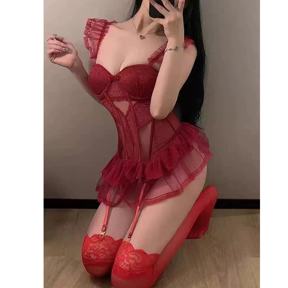 修身辣妹鱼骨吊带束身显瘦钢圈胸垫聚拢蕾丝夏季性感法式