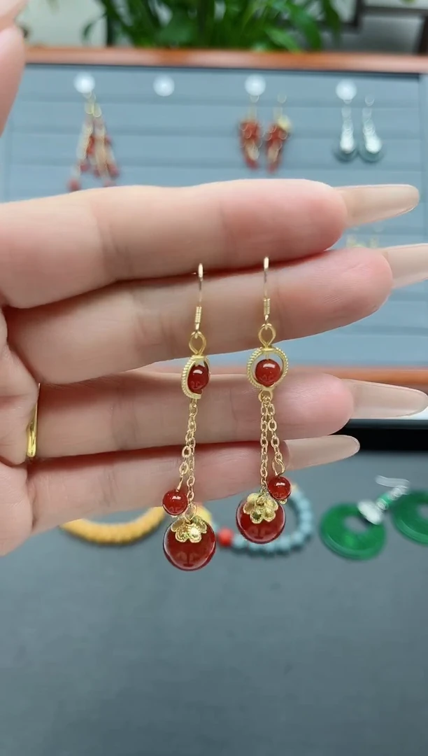 【闪购商品】南红玛瑙耳饰银S925镀金镶嵌2