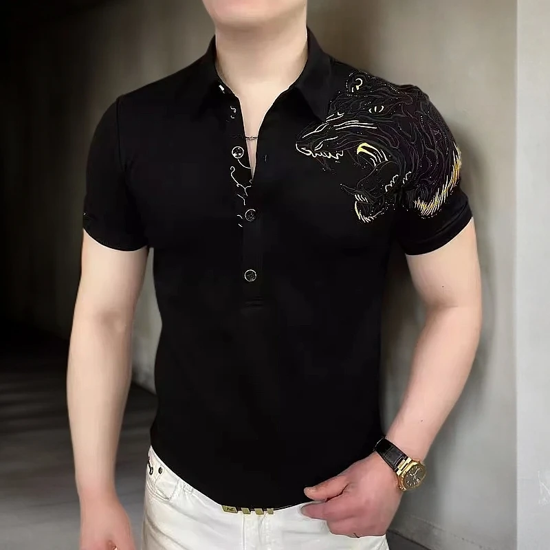 GUNEBOLURWA  新款男士亮片刺绣T恤时尚潮流修身帅气半袖POLO衫男