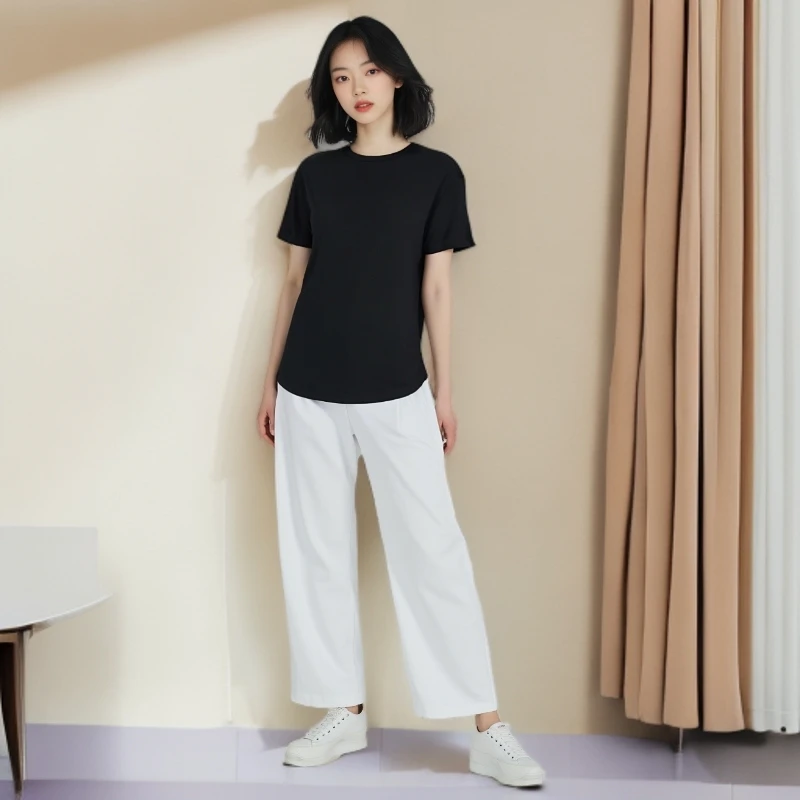 7B202 2女士纯黑圆领短袖时尚简约百搭大众