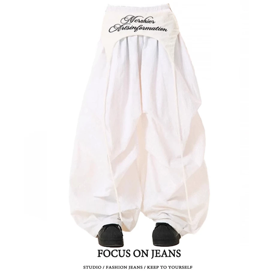 美式复古休闲裤女夏季叠穿设计感绑带伞兵裤宽松直筒阔腿长裤子