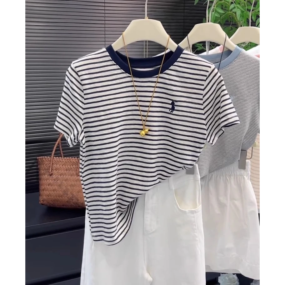 蓝色条纹短袖t恤女夏季2025新款设计高级感正肩小众不撞衫上衣