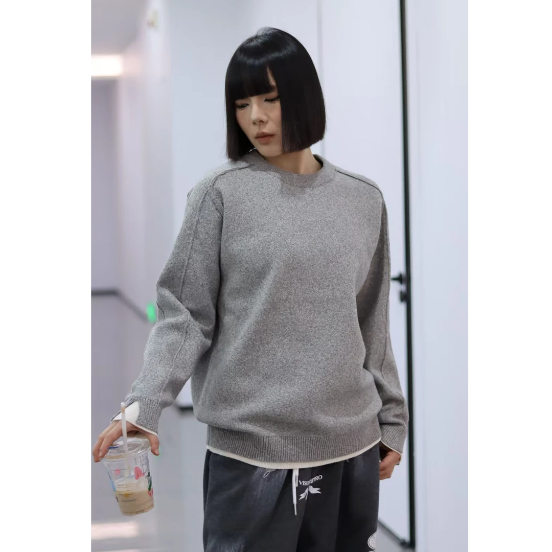 【纯色拼接】简约下摆假两件拼接设计感圆领套头毛衣男休闲慵懒内搭