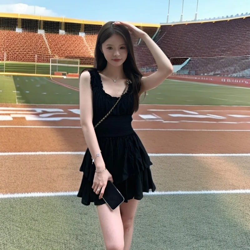 2025新款U领法式修身黑色肯豆风英伦风连体裤阔腿裤设计感小个子