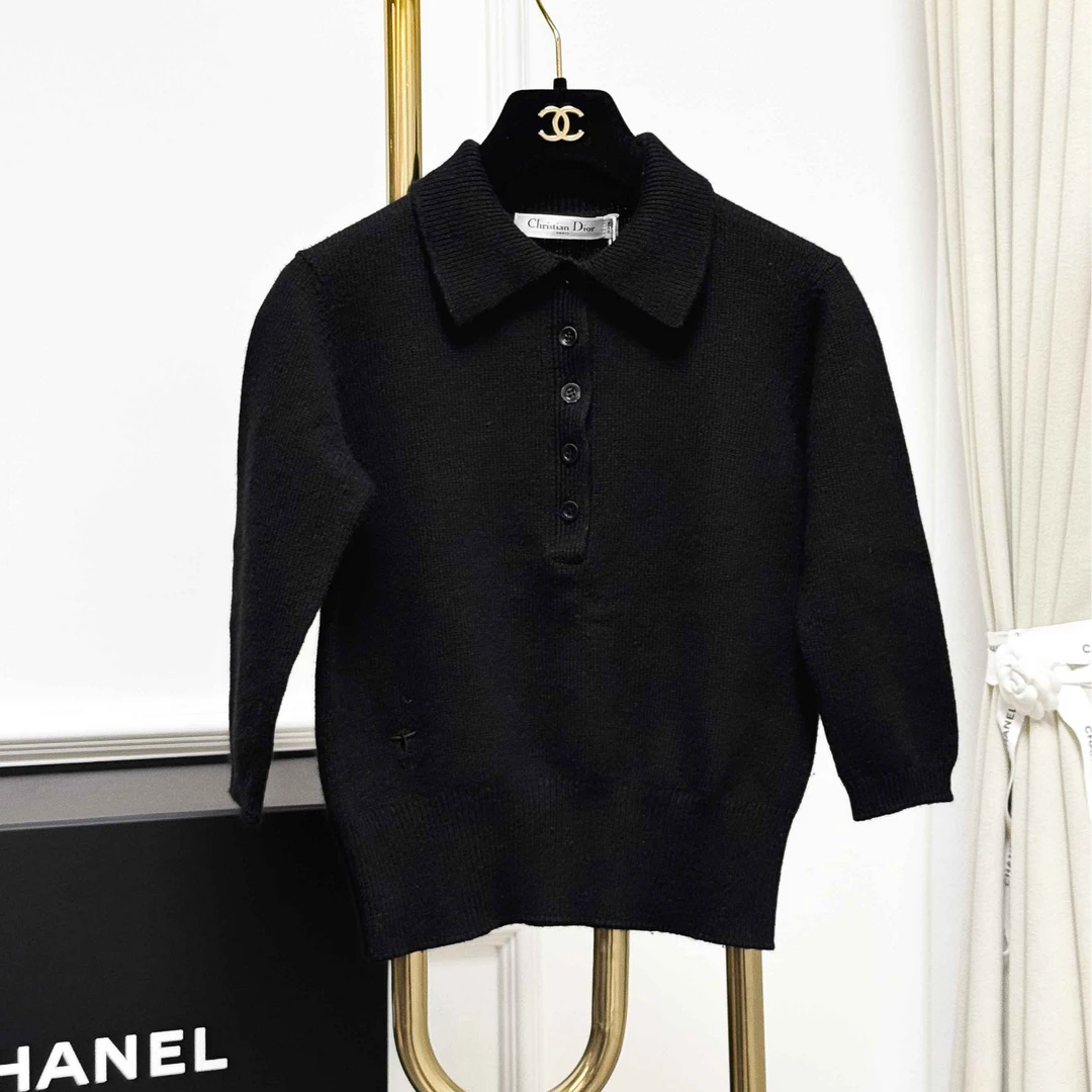 99新 DIOR/迪奥 F36码黑色polo领中袖针织短款上衣