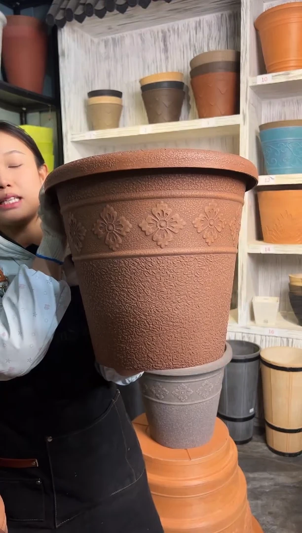 38*33/USA38-B/陶土色手工浮雕纹理大花盆外贸尾单