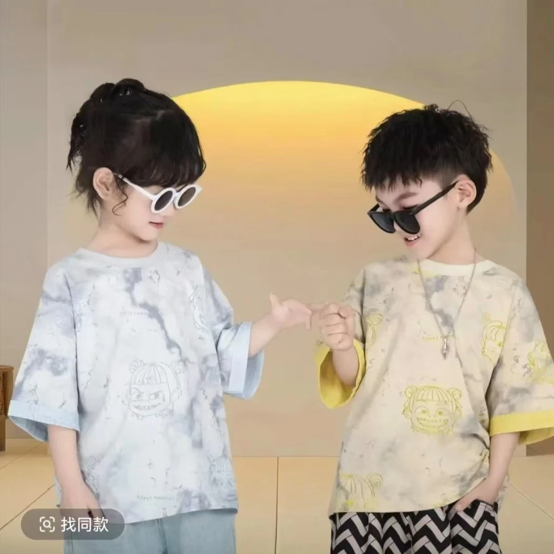 男童女童同款短袖新款索罗娜双色彩拔工艺烧花哪吒工艺