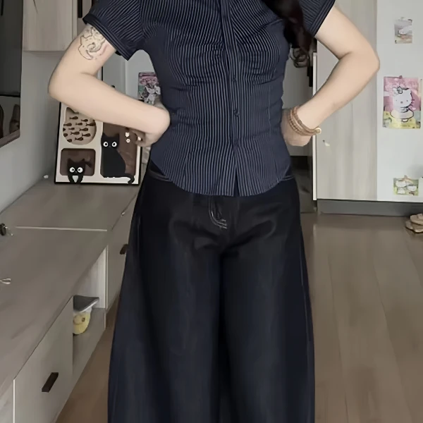 大码胖妹妹美式辣妹藏青色短袖衬衫女夏季设计感修身条纹收腰衬衣