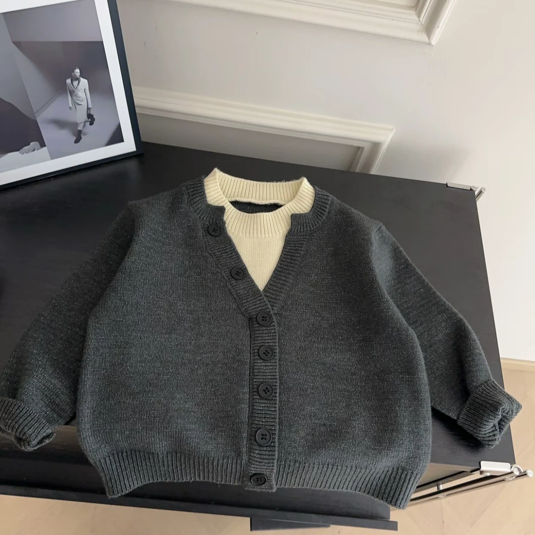 儿童假两件加厚毛衣设计感秋冬季男宝气质针织衫洋气百搭撞色上衣