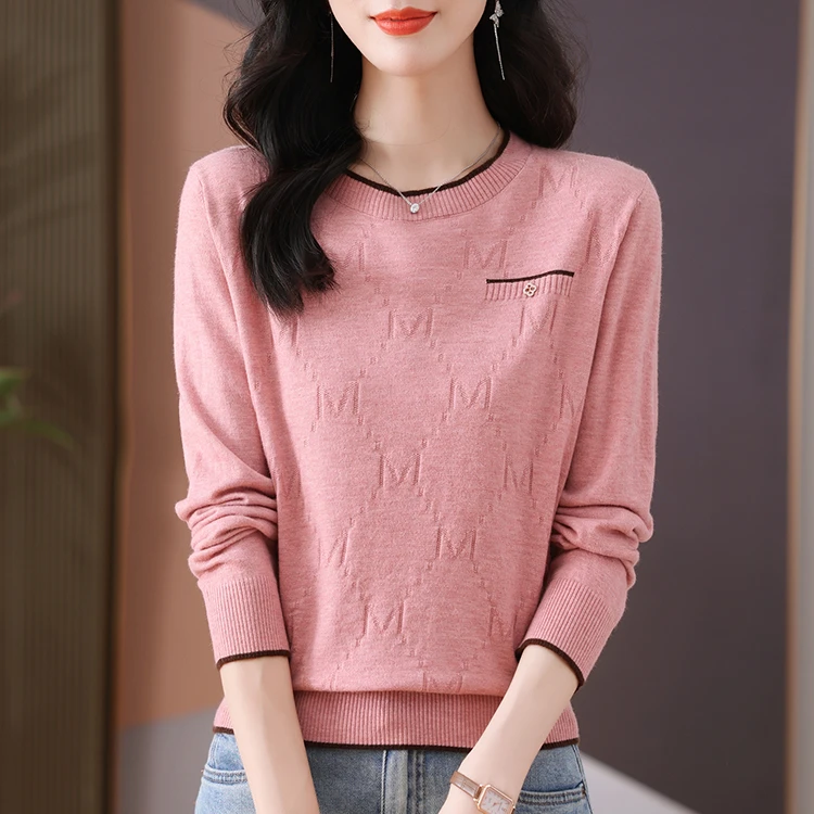 2025春秋新款圆领长袖毛衣女宽松洋气百搭上衣纯色薄款休闲针织衫