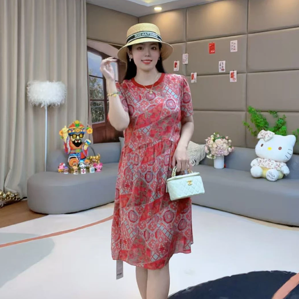 【火火精选】“窗花”短款纯单层洋气慵懒风气质桑蚕丝连衣裙 80096