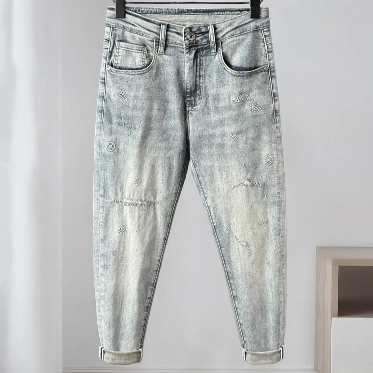 高端牛子裤男士2025新款夏季薄款修身小脚欧货弹力烫钻九分裤