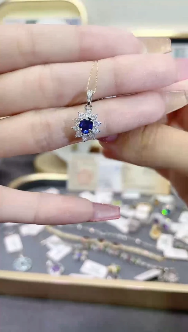 蓝宝石吊坠(不含链)银S925镶嵌天然宝石