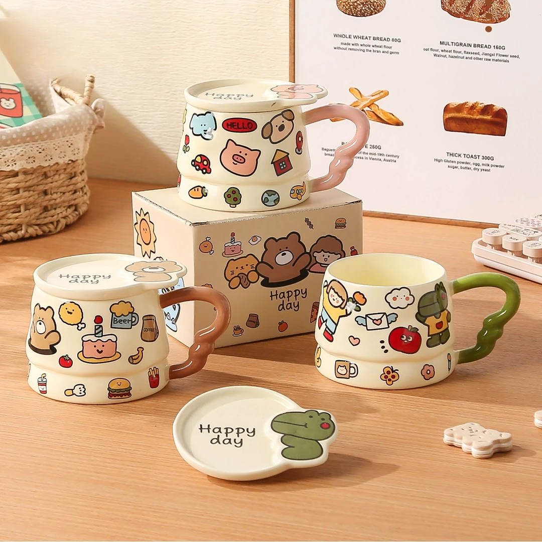 卡通可爱涂鸦陶瓷马克杯带盖大容量生日礼物喝水杯子咖啡办公实用