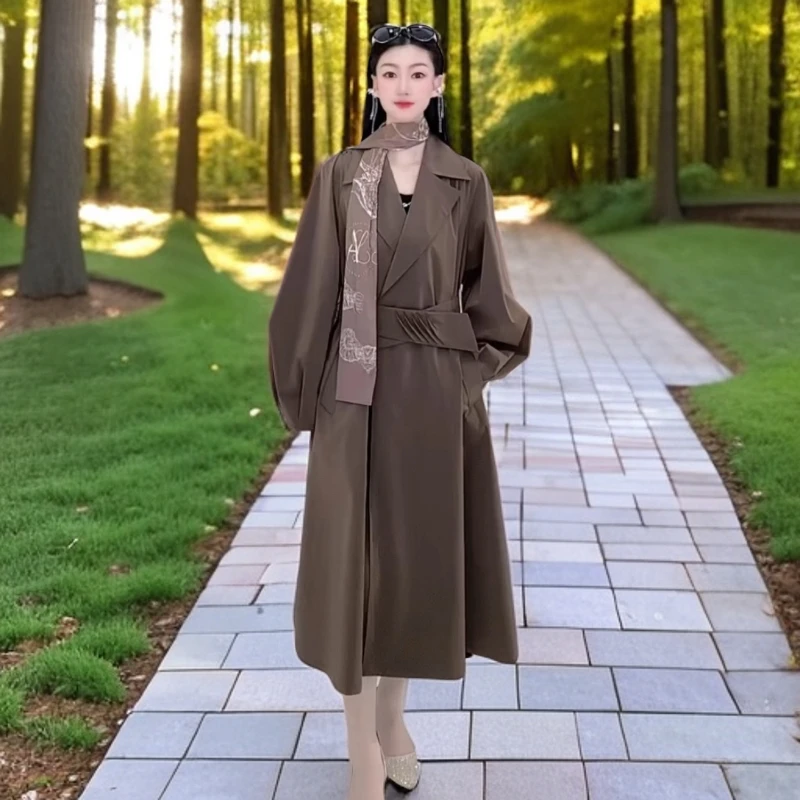 女中长款韩版百搭时尚春秋气质休闲宽松轻薄系带过膝风衣秋季外套