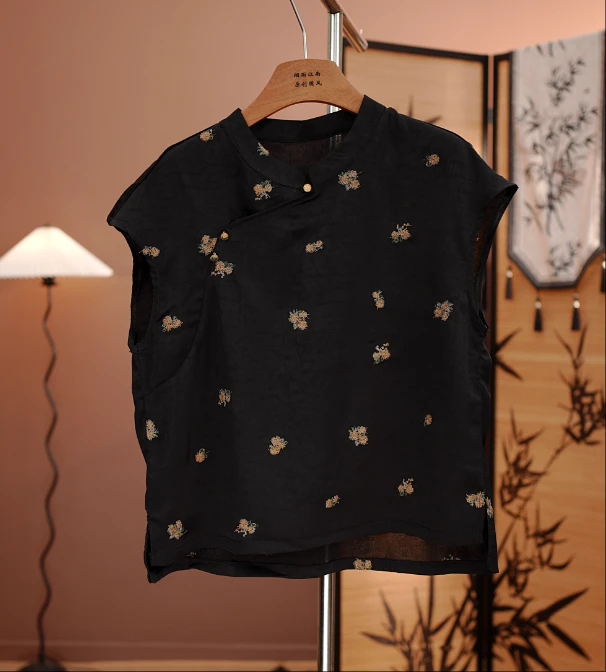 【兰心】新中式国风刺绣立领短袖女2025夏季新款复古简约百搭上衣