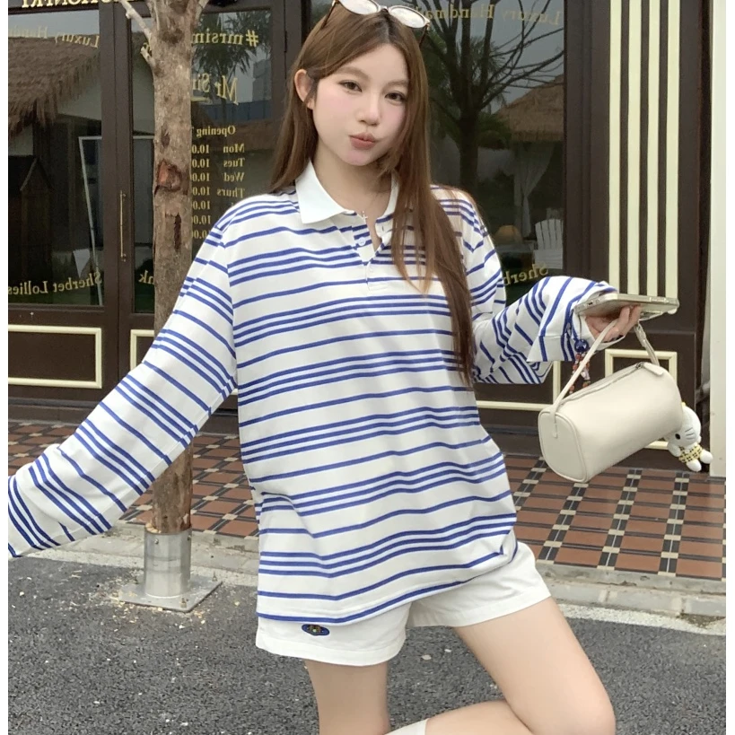 韩系显瘦慵懒风条纹POLO领长袖T恤女装秋季休闲宽松显瘦百搭上衣