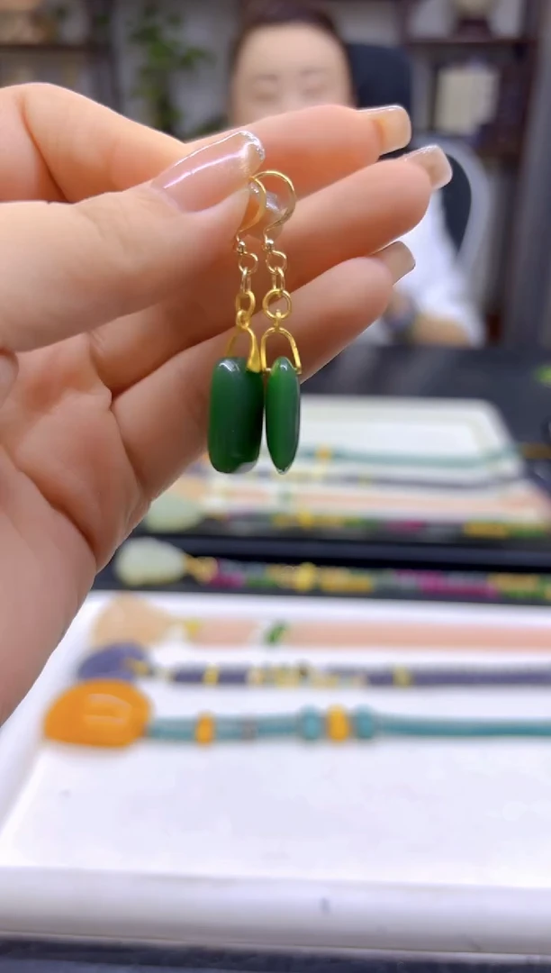 和田玉（碧玉）14K金镶嵌耳饰DIY款E171