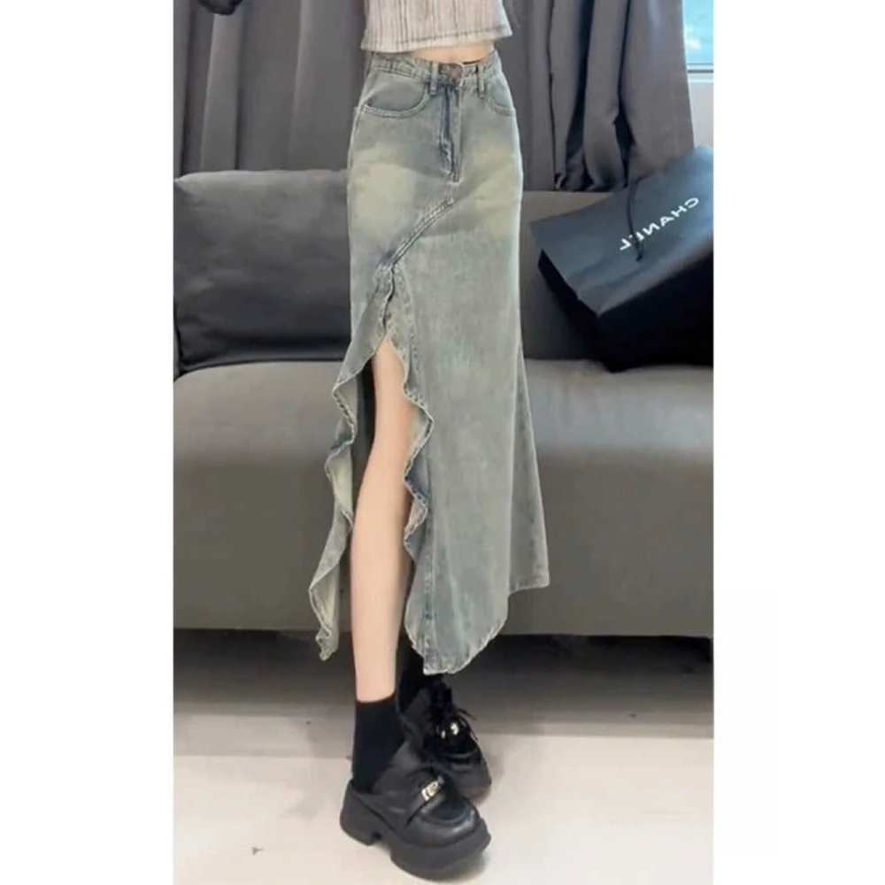 大码美式复古不规则牛仔鱼尾半身裙女春季高腰显瘦包臀荷叶边半裙