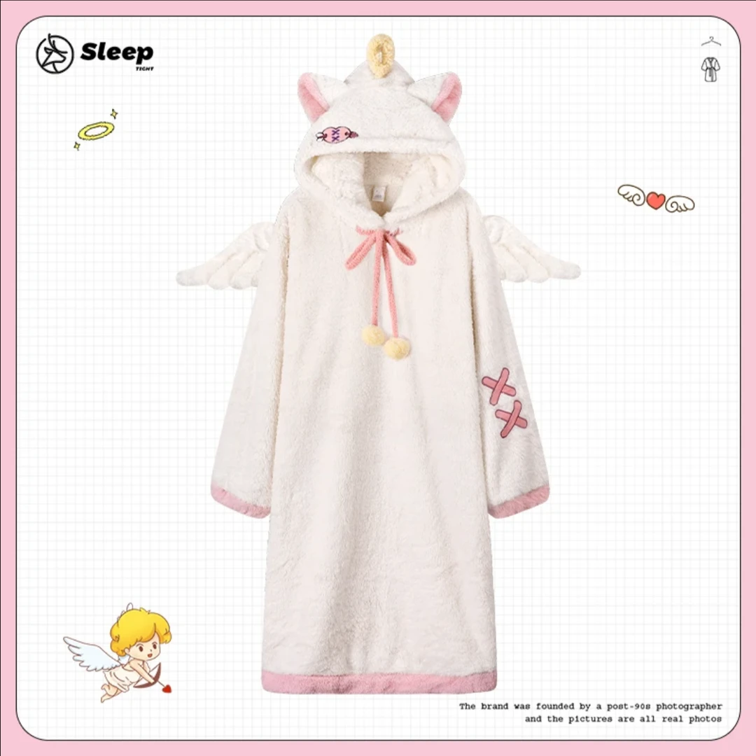 白色天使与恶魔情侣睡衣女冬季珊瑚绒加厚加绒睡袍男士长款家居服