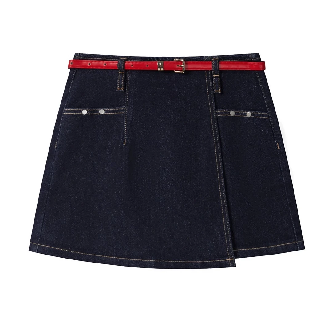 羊城故事-高腰显瘦a字短裙裤百搭复古水洗配腰带裙裤8503