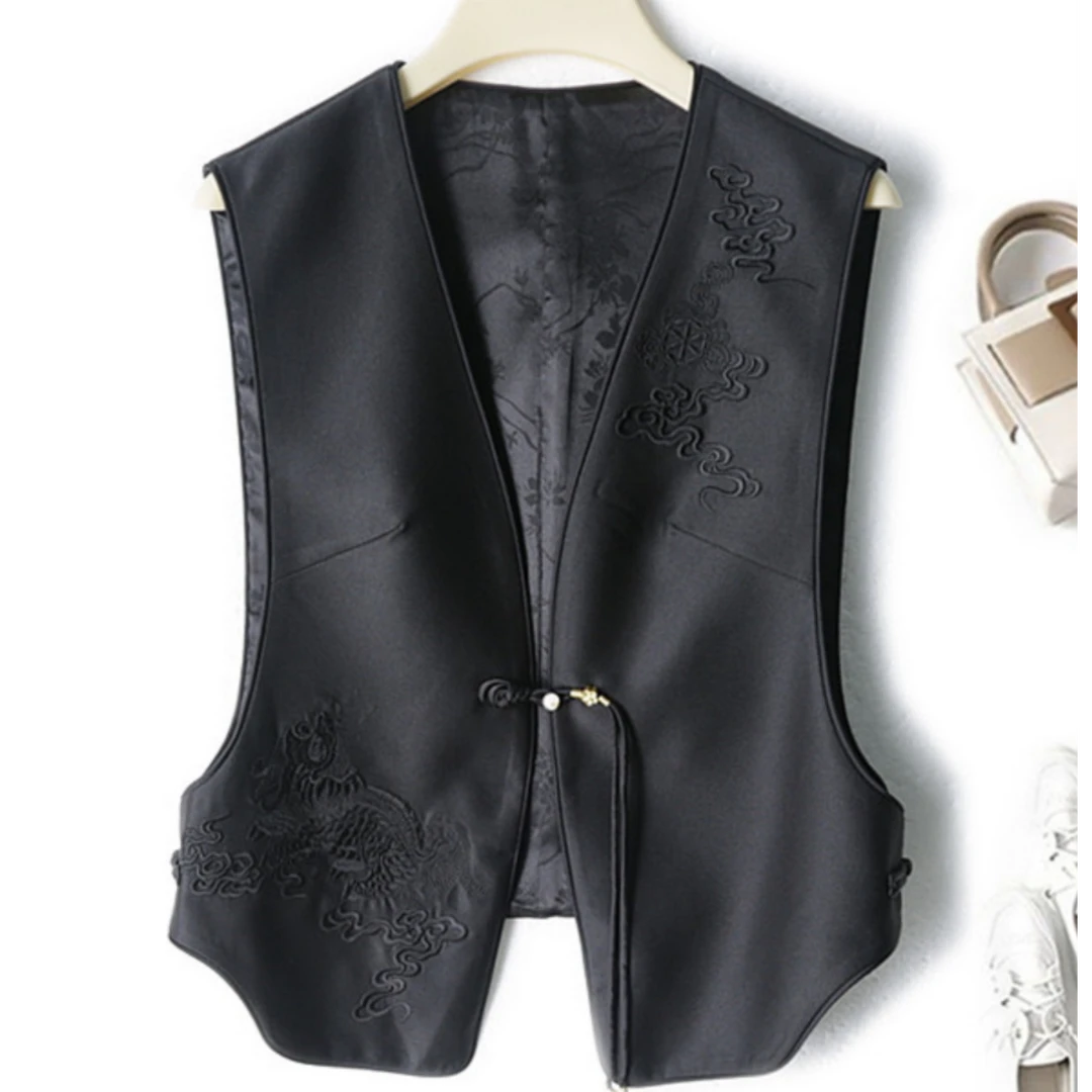 中式V领时尚唐装无袖短款斜襟春秋马夹薄款马甲女外穿提花