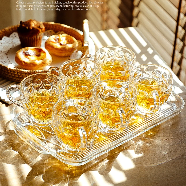 朗旭透明无铅玻璃杯带托盘泡牛奶花茶艺杯家用日常咖啡杯子带把手