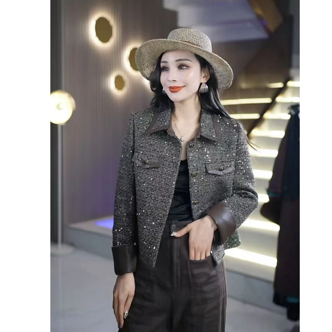 轻奢高定设计师原创气质时尚百搭亮片拼皮小香风外套XF6596982