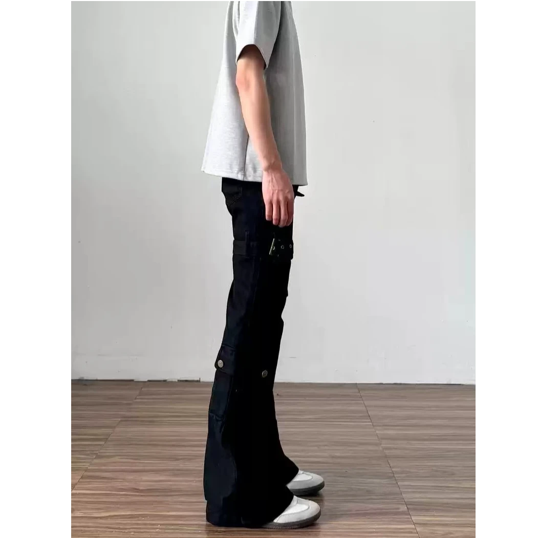 夏季黑色vibe绑带微喇工装牛仔裤男cleanfit美式高街修身裤子长裤