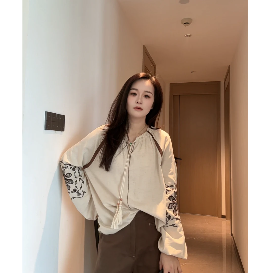 【DAIDAI专属】波西米亚绣花系带灯笼袖复古高级感衬衣#80833