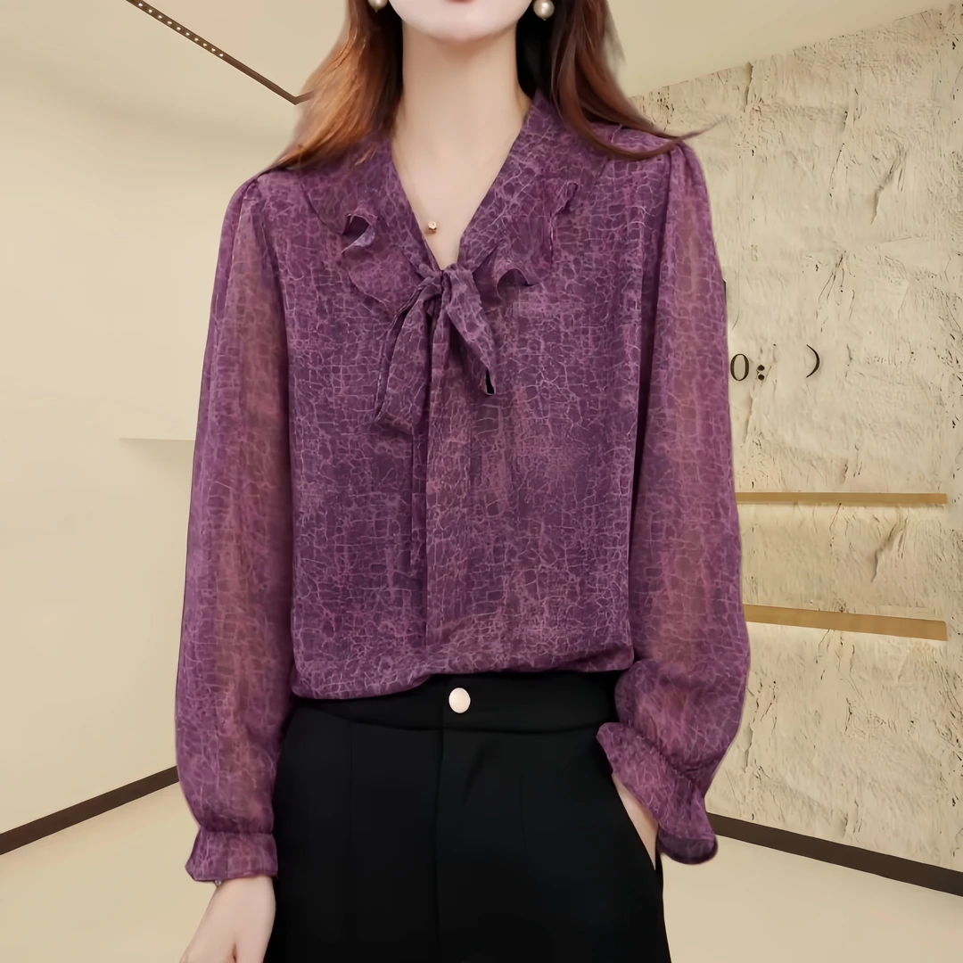 2025紫气东来新款V领高端小衫套头衬衫时髦长袖上衣打底女衬衣