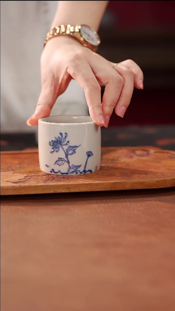 柴烧扳指杯-菊花（青花）