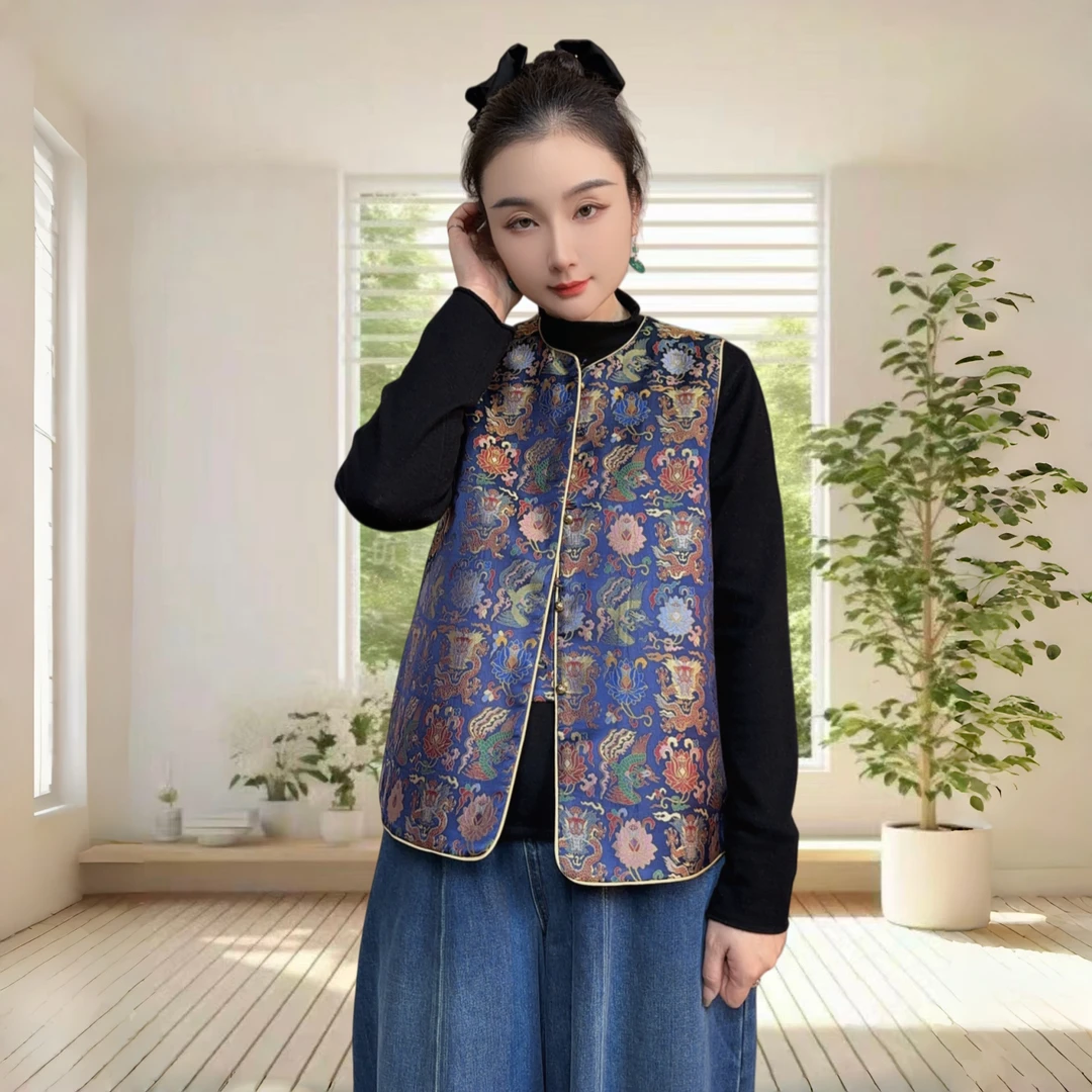 沁月新中式国风100%桑蚕丝宋锦宽松A字版时尚百搭高端气质马甲